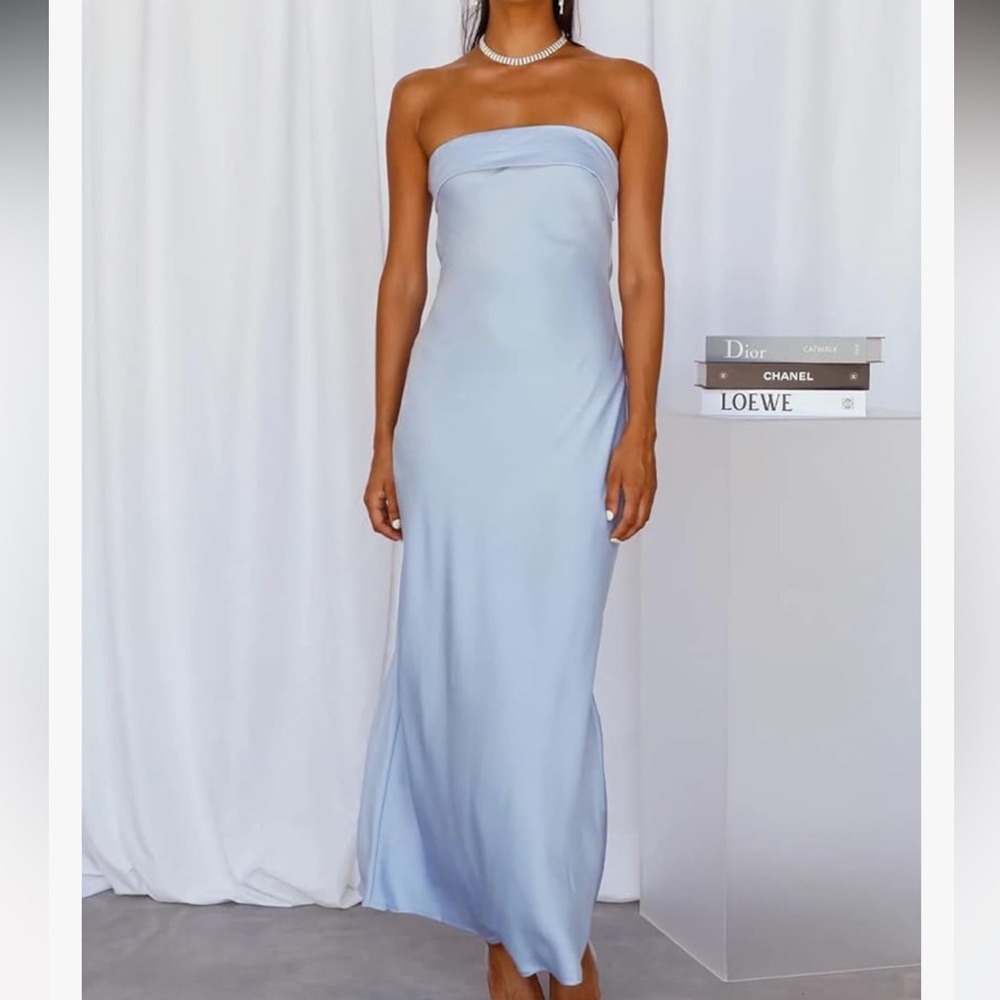 Blue Satin Strapless Eyecatcher MIDI Dress, Size Small - Picture 12 of 14